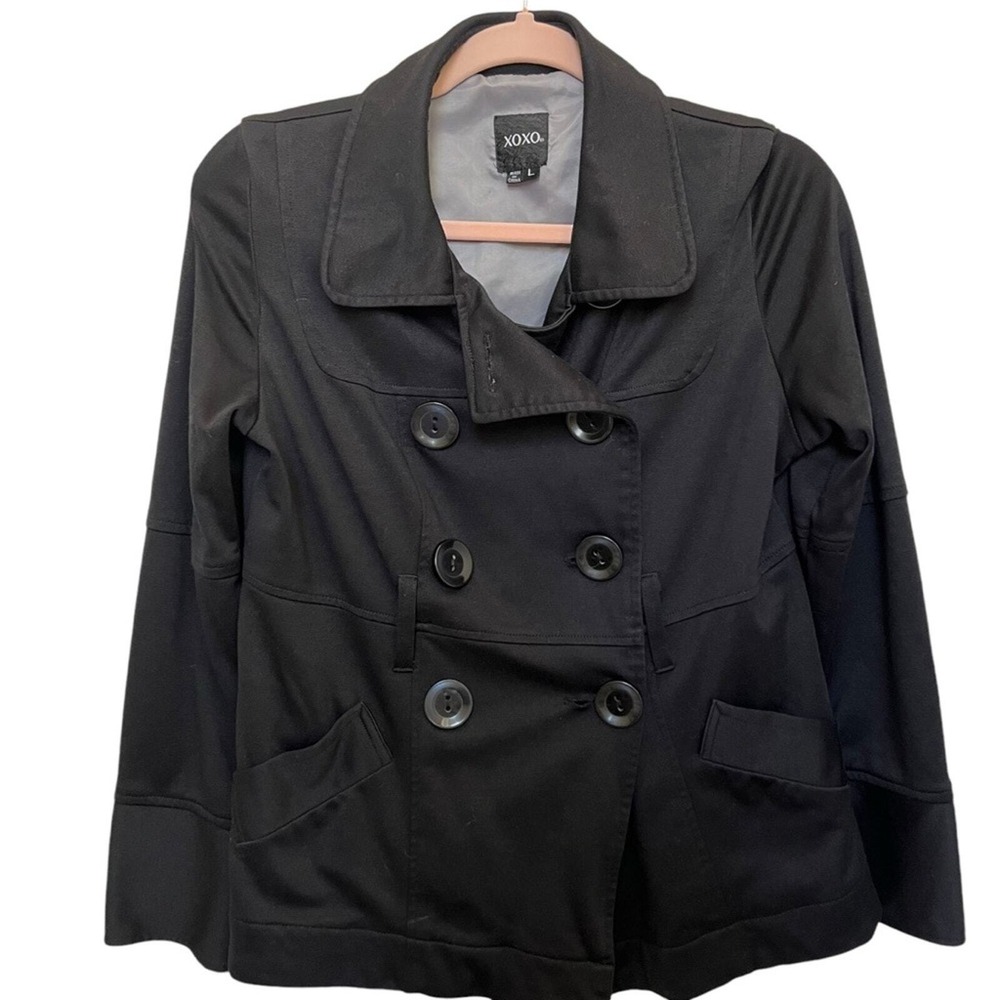 XOXO Women Vintage Y2K Black Double Breasted Pea Coat Jacket Size L 5599HPNRS